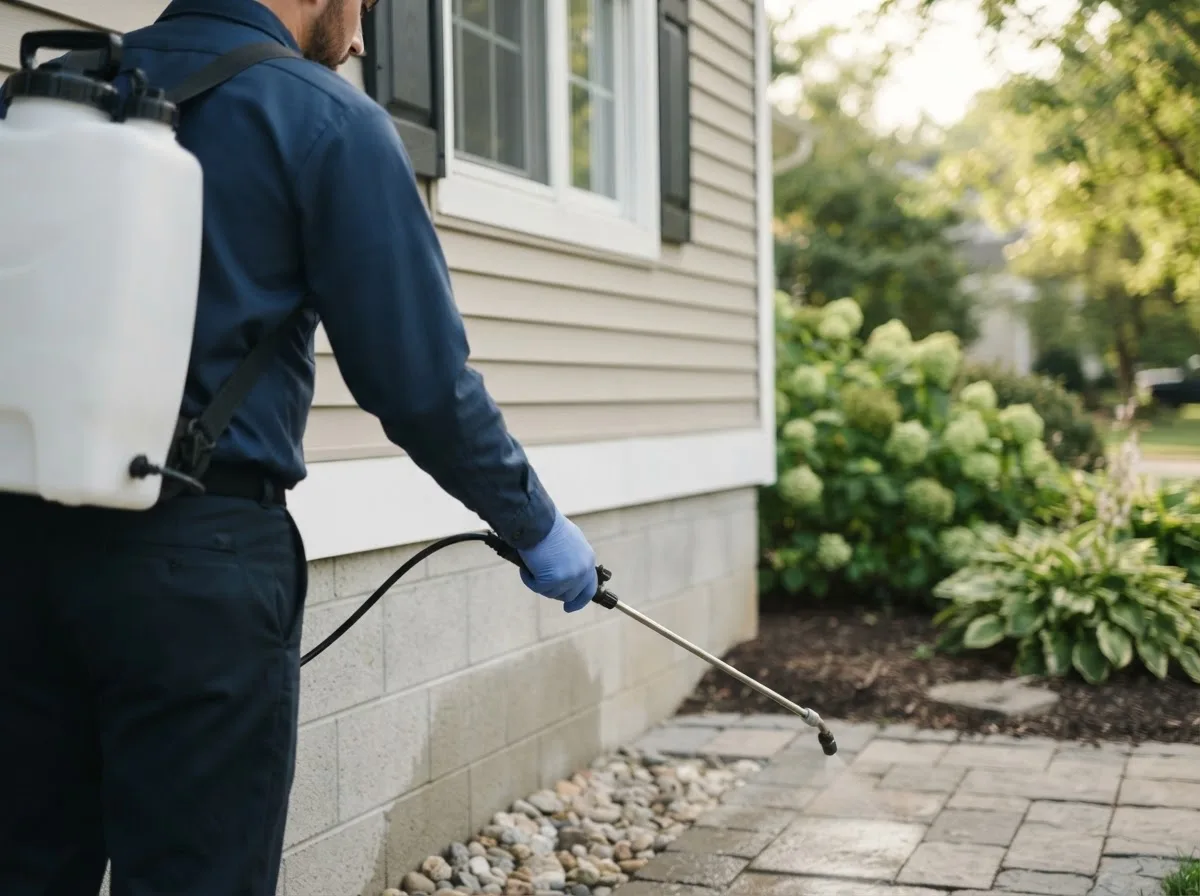 Pest control technician inspecting a home in Jermyn, TX